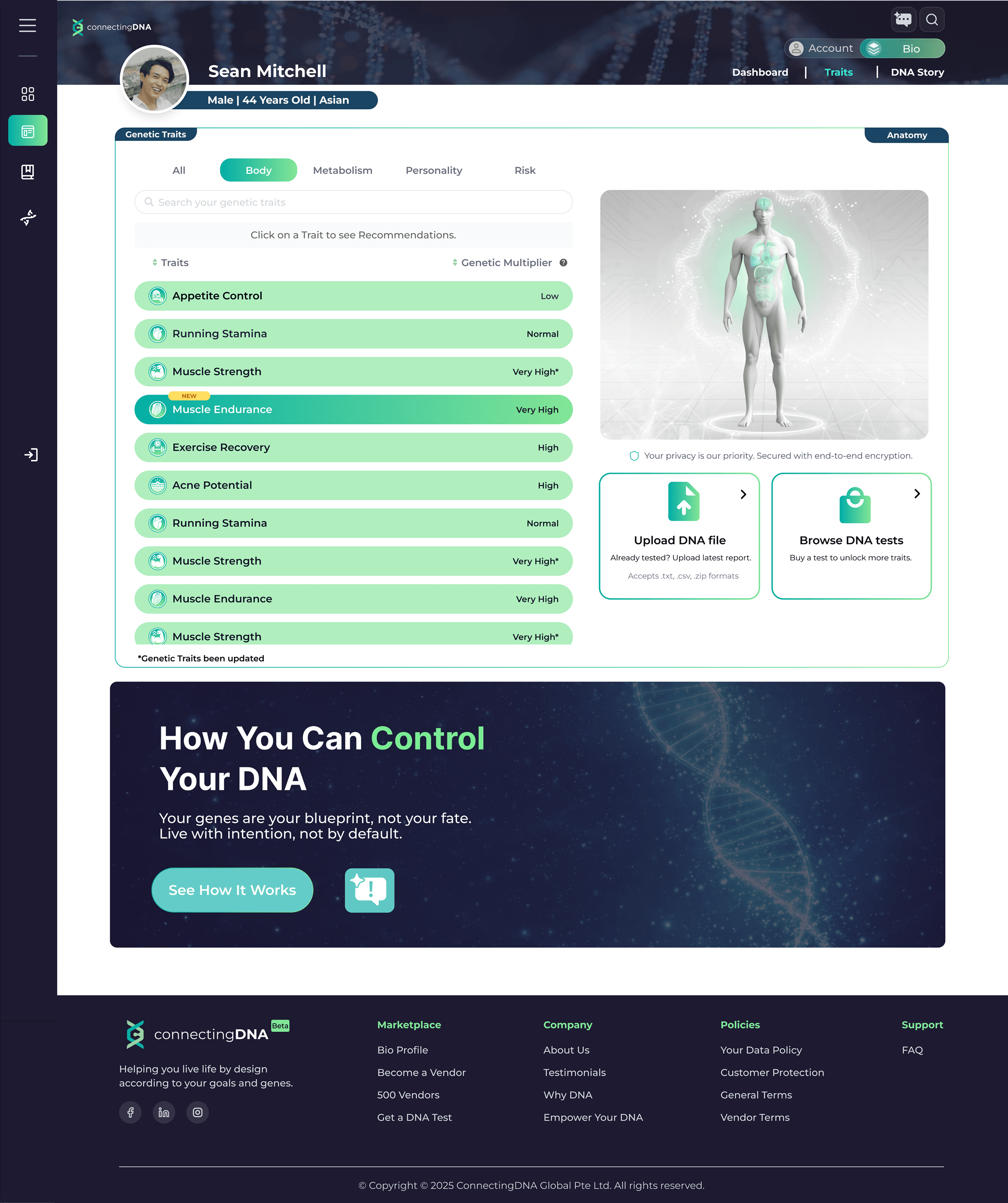 Bio-Profile traits view — Sean Mitchell's genetic traits in the Body category